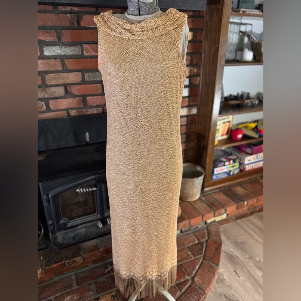 Harlow Gold Midi Dress with Fringe Detail